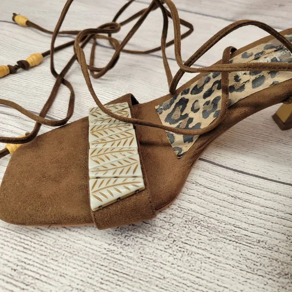 Michael Antonio Brown Suede Sandals w/ Ankle Wrap Tie Straps, 8.5